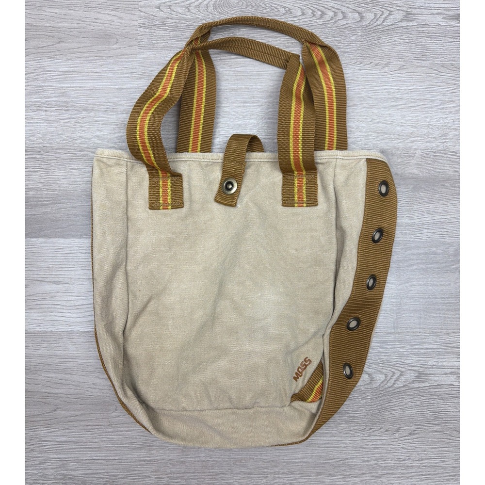MOSS Beige Colored Canvas Tote Bag With Web Handles Eyelet Details Everyday Wear
